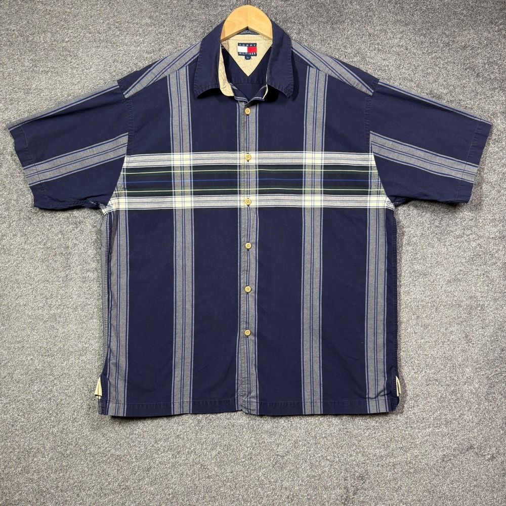 Tommy Hilfiger Shirt Mens L Navy Blue Plaid Stripe Short Sleeve Button Down